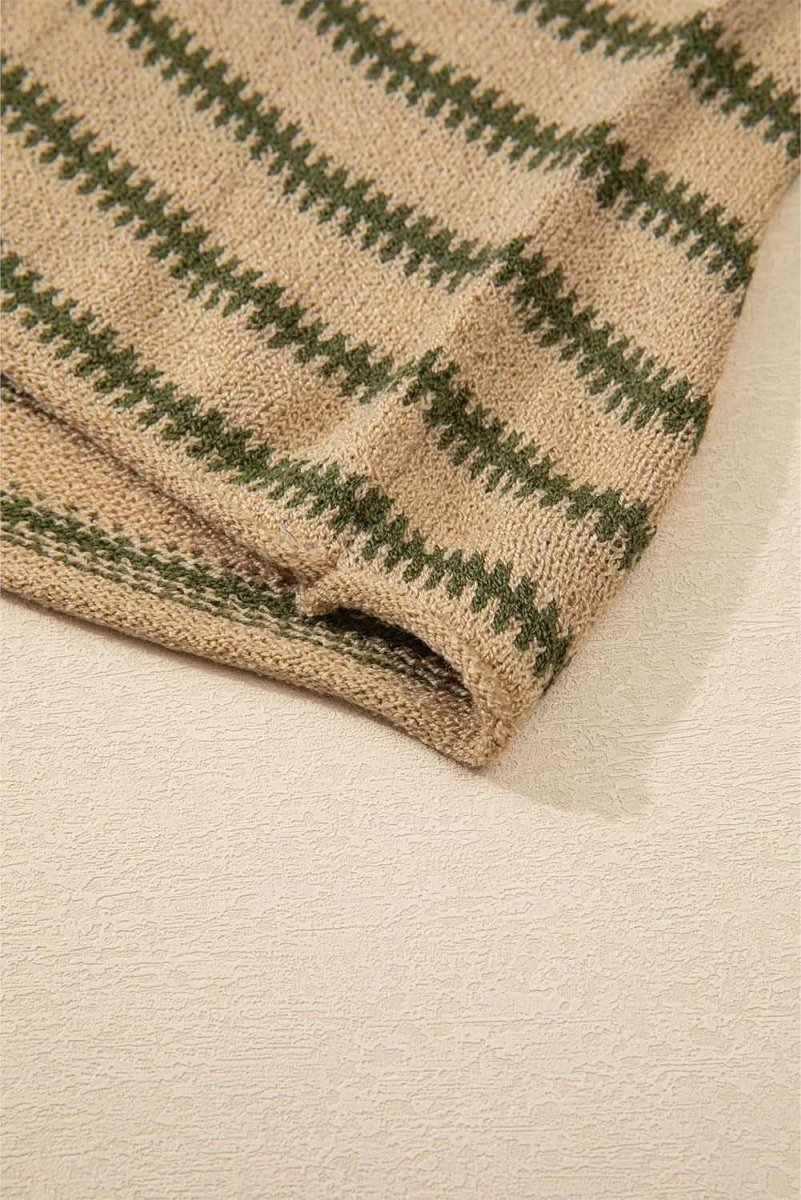 Khaki Stripe Drop Shoulder Casual Sweater - Love Salve
